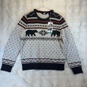 Lands End Mens XL Cream Fair Isle Bear Snowflake Holiday Sweater 1800143 NWT